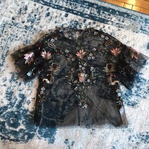 Zara Black Sheer Floral Embroidered Top M